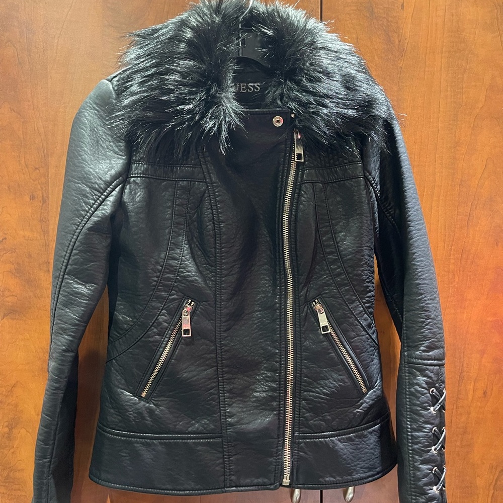 Gently worn Guess Leather Bomber fur collar jacket Small Black